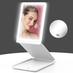 Travel makeup mirror, portable folding mirror, touchscreen, adjustable brightness.