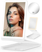 Travel makeup mirror, portable folding mirror, touchscreen, adjustable brightness.