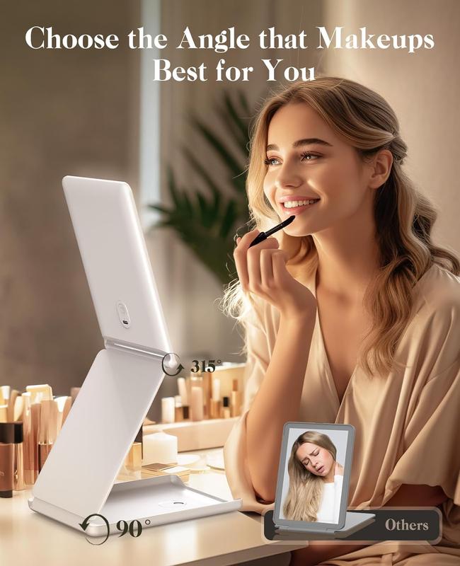 Travel makeup mirror, portable folding mirror, touchscreen, adjustable brightness.
