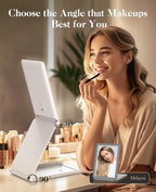 Travel makeup mirror, portable folding mirror, touchscreen, adjustable brightness.