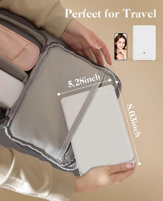 Travel makeup mirror, portable folding mirror, touchscreen, adjustable brightness.