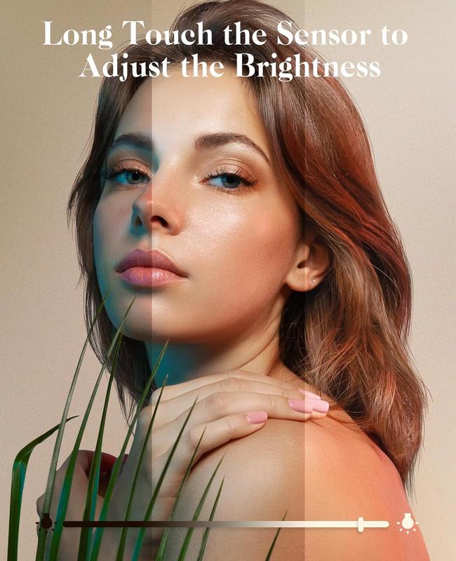 Travel makeup mirror, portable folding mirror, touchscreen, adjustable brightness.