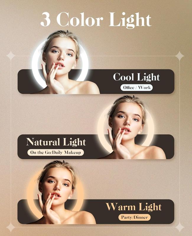 Travel makeup mirror, portable folding mirror, touchscreen, adjustable brightness.