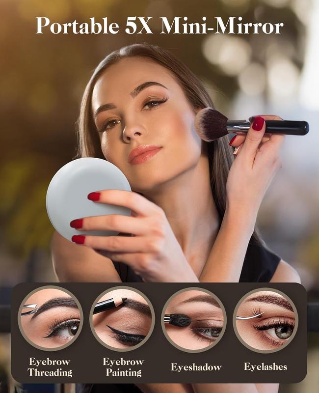 Travel makeup mirror, portable folding mirror, touchscreen, adjustable brightness.